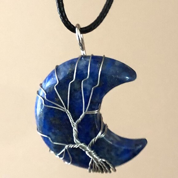 Lapis Lazuli Crescent Moon Natural Gemstone Tree Of Life Wire Wrap Pendant - Picture 2 of 2
